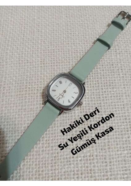 Marka Model Kare-Oval Gümüş Kasa Retro Still - Su Yeşili (Hakiki Deri) Kordon Kadın Kol Saati 0054