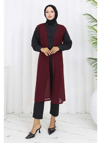 Sade Ince Basic Uzun Yelek Kadın Yelek Büyük Beden Yelek 8763-02 Mürdüm fiyatları