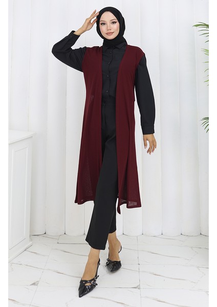 Sade Ince Basic Uzun Yelek Kadın Yelek Büyük Beden Yelek 8763-02 Mürdüm modelleri