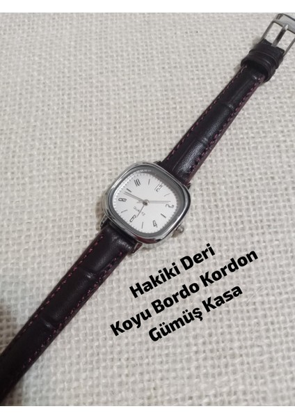 Marka Model Kare-Oval Gümüş Kasa Retro Still - Koyu Bordo (Hakiki Deri) Kordon Kadın Kol Saati 0054