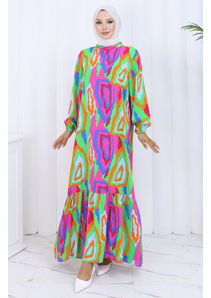 Kolu Lastikli Desenli Elbise 2122-03 Turuncu Fuşya