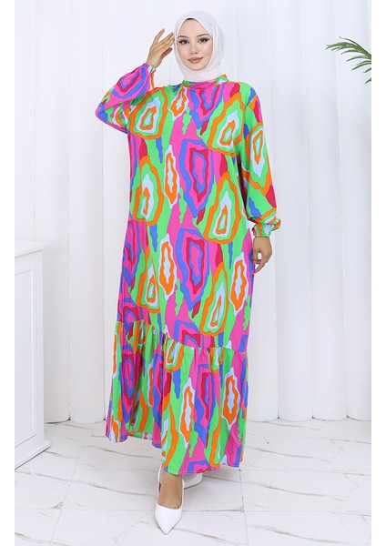 Kolu Lastikli Desenli Elbise 2122-03 Turuncu Fuşya fiyatları