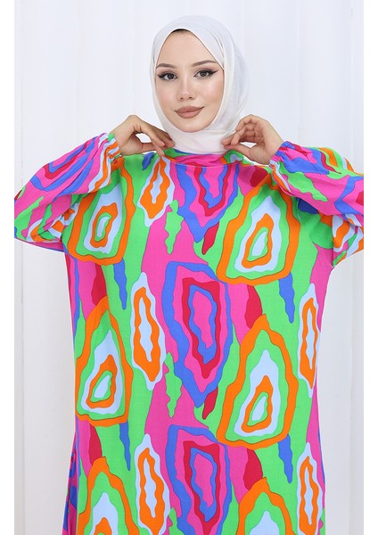 Kolu Lastikli Desenli Elbise 2122-03 Turuncu Fuşya fırsatları