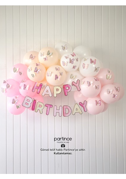Happy Birthday Yazısı Pembe Tema Mini Parti Seti Doğum Günü Balon Zinciri Kelebek Tema Doğum Günü Süsü