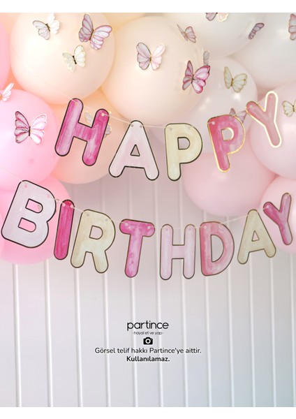 Happy Birthday Yazısı Pembe Tema Mini Parti Seti Doğum Günü Balon Zinciri Kelebek Tema Doğum Günü Süsü fırsatları
