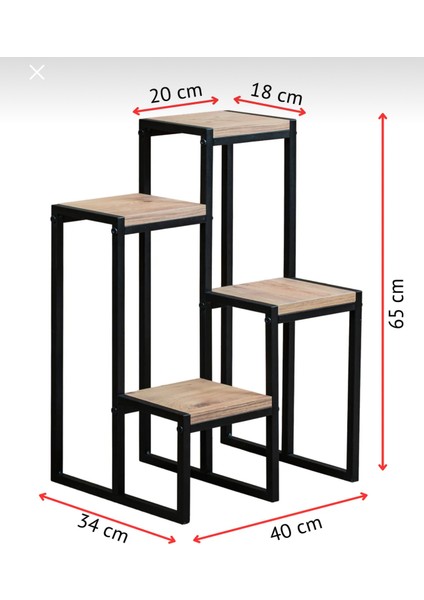 4 Katlı Metal Gövdeli Ahşap Raflı Saksılık | Modern Bitki ve Çiçek Standı