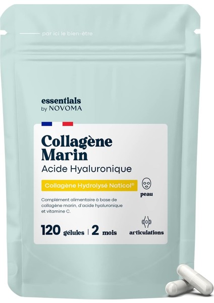 Marine Kolajen + Hyaluronik Asit & Vitamin C – Tip 1 Hidrolize Kolajen – 2 Aylık Kür, 120 Kapsül – Cilt, Saç, Tırnak ve Eklemsağlığı Için – Novoma Fransa Üretimi