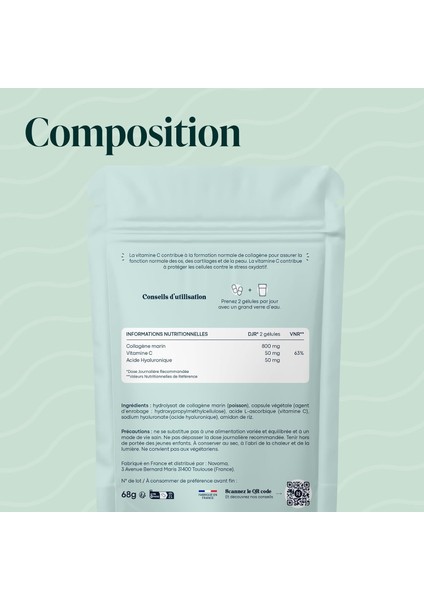 Marine Kolajen + Hyaluronik Asit & Vitamin C – Tip 1 Hidrolize Kolajen – 2 Aylık Kür, 120 Kapsül – Cilt, Saç, Tırnak ve Eklemsağlığı Için – Novoma Fransa Üretimi