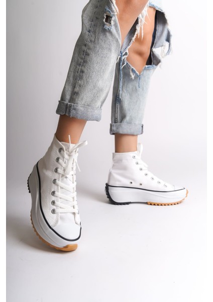 Venedik Bağcıklı Ortopedik Taban Boğazlı Keten Kadın Sneaker - Beyaz