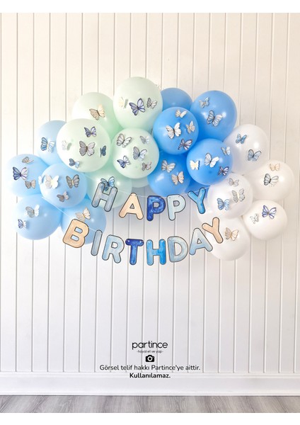 Happy Birthday Yazısı Mavi Tema Mini Parti Seti Doğum Günü Balon Zinciri Kelebek Tema Doğum Günü Süsü