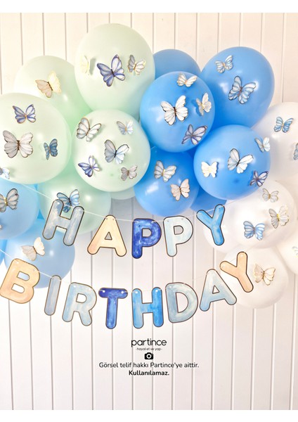 Happy Birthday Yazısı Mavi Tema Mini Parti Seti Doğum Günü Balon Zinciri Kelebek Tema Doğum Günü Süsü modelleri