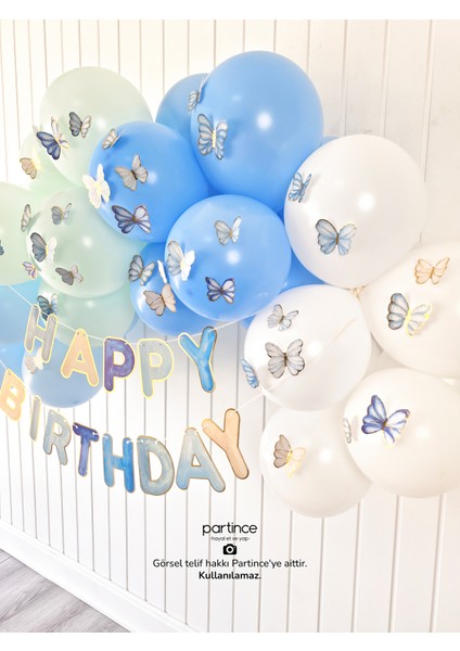 Happy Birthday Yazısı Mavi Tema Mini Parti Seti Doğum Günü Balon Zinciri Kelebek Tema Doğum Günü Süsü fırsatları