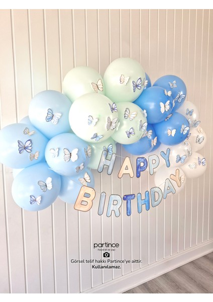 Happy Birthday Yazısı Mavi Tema Mini Parti Seti Doğum Günü Balon Zinciri Kelebek Tema Doğum Günü Süsü indirimleri