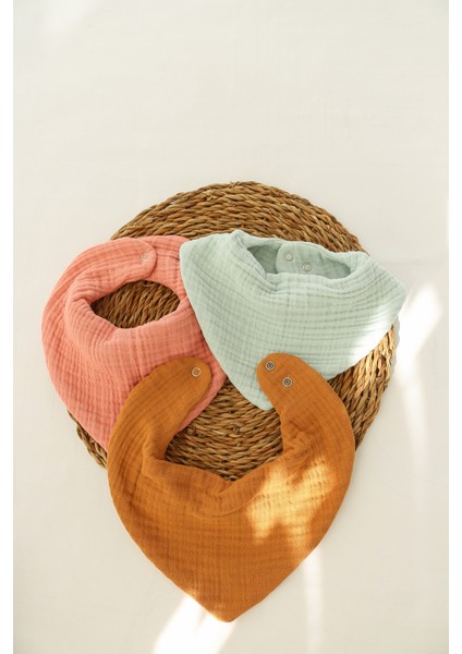 6-24 ay 3'lü Organik Pamuk 4kat Multi Müslin Fular ,yakalık Kız - Erkek Bebek Salya ve Mama Önlük mint,hardal,karamel,nar çiçeği