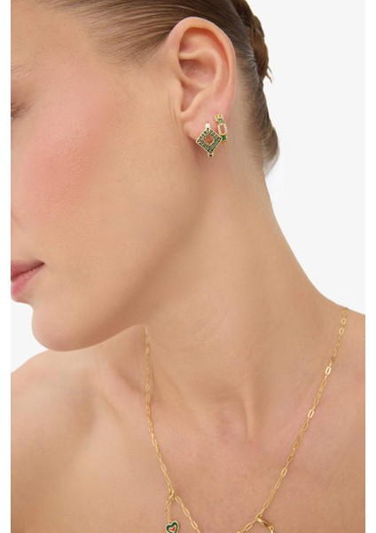 Reis x DeFacto 14 Ayar Altın Kaplama Mosaic Green Kadın 2'li Zümrüt Yeşili Taşlı Gold Küpe F4004AXNS modelleri