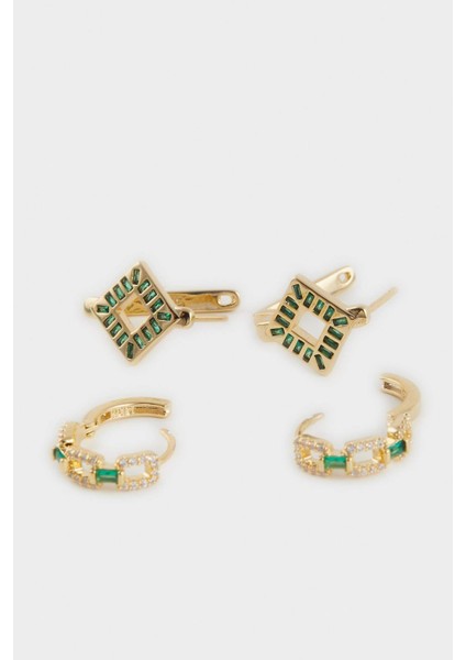 Reis x DeFacto 14 Ayar Altın Kaplama Mosaic Green Kadın 2'li Zümrüt Yeşili Taşlı Gold Küpe F4004AXNS