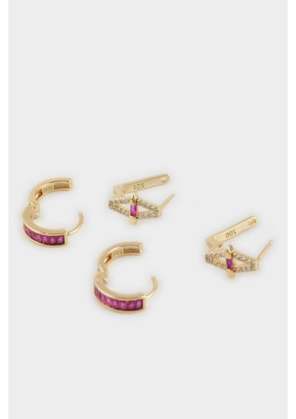 Reis x DeFacto 14 Ayar Altın Kaplama Rosa Alba Kadın 2'li Mor Taşlı Gold Küpe F4104AXNS