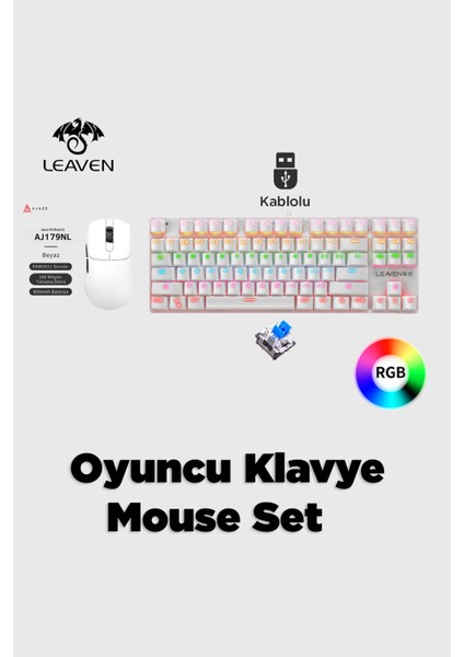 AJ179 Nl 3 Modlu Gamer Mouse + Leaven K550 Blue Switch Mekanik Klavye Gamer Seti