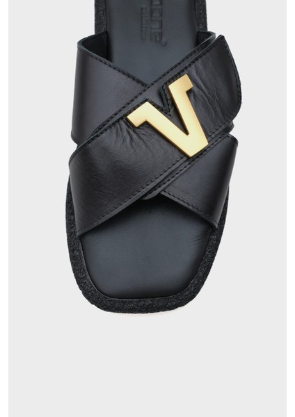 Kata Hakiki Deri Çapraz Bantlı V Tokalı Düz Topuklu Konfor Kadın Terlik fırsatları