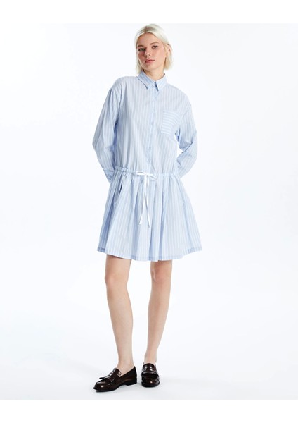 Xsıde Mavi Gömlek Yaka Çizgili Kadın Elbise