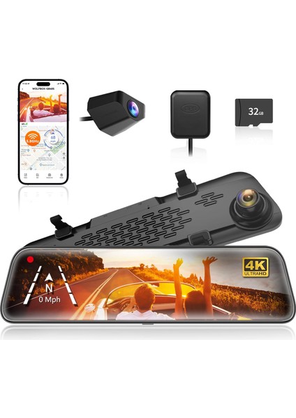 12" G840S 4K Ayna Dashcam, Ön & Arka Kamera, 5,8 Ghz Wifi, IPS Dokunmatik Ekran