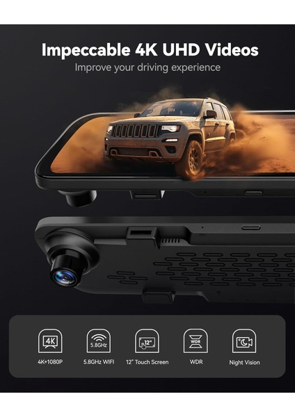 12" G840S 4K Ayna Dashcam, Ön & Arka Kamera, 5,8 Ghz Wifi, IPS Dokunmatik Ekran fiyatları