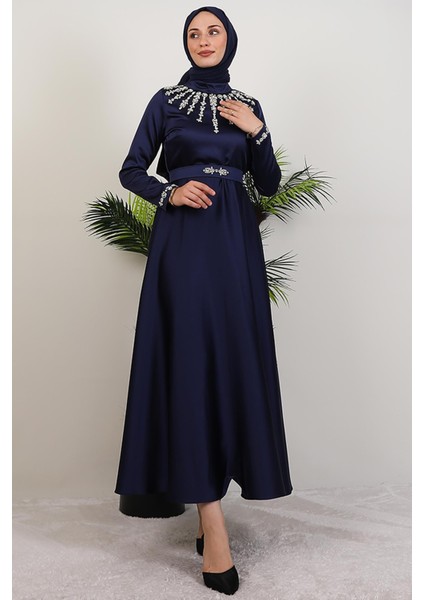 Taş Işleme Detay Elbise Lacivert