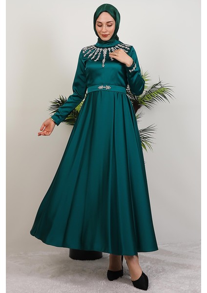 Taş Işleme Detay Elbise Zümrüt fiyatları