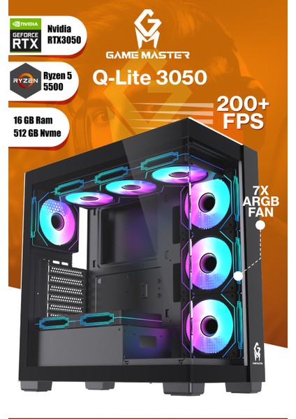 Qlite 3050 Amd R5 5500 Cpu 16GB Ddr4 Ram 512GB M.2 SSD RTX3050 7x Argb Fan Siyah Gaming Pc