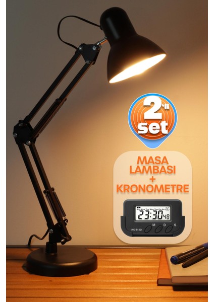 2li Set Masa Lambası + Kronometreli Öğrenci Saati Akrobat Metal 360° Çalışma Masası Lambası Siyah
