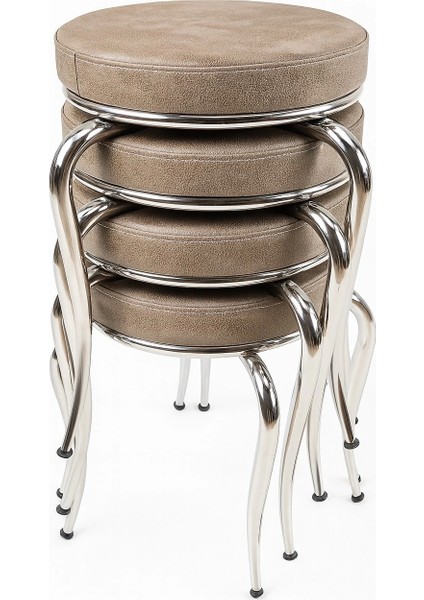 Paslanmaz Krom Ayaklı Deri Tabure 4 Adet Vizon