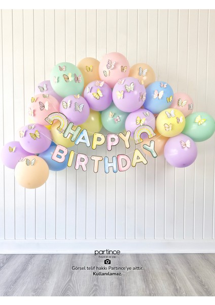 Gökkuşağı Happy Birthday Yazısı Kelebek Tema Mini Parti Seti Doğum Günü Balon Zinciri Kelebek Doğum Günü Süsü