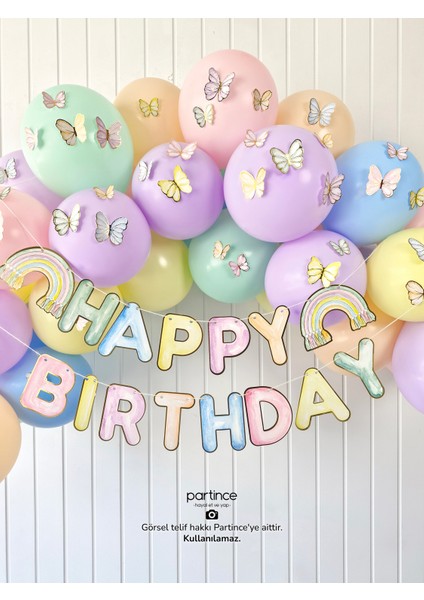 Gökkuşağı Happy Birthday Yazısı Kelebek Tema Mini Parti Seti Doğum Günü Balon Zinciri Kelebek Doğum Günü Süsü modelleri