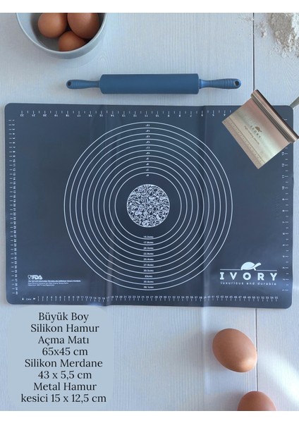 Büyük Boy Silikon Hamur Açma Matı Plastik Saplı Silikon Merdane Metal Hamur Kesme Aparatı