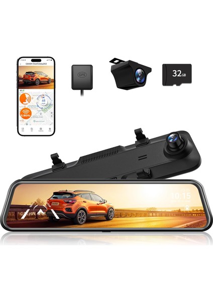 12" G840H Ayna Dashcam, 2.5k Ön & 1080P Arka Kamera, Adas & Bsd