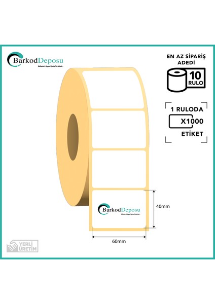 60X40 Termal Barkod Etiketi – 1000 Sarım – 10 Rulo (Toplam 10.000 Adet) – Barkod Yazıcı Uyumlu