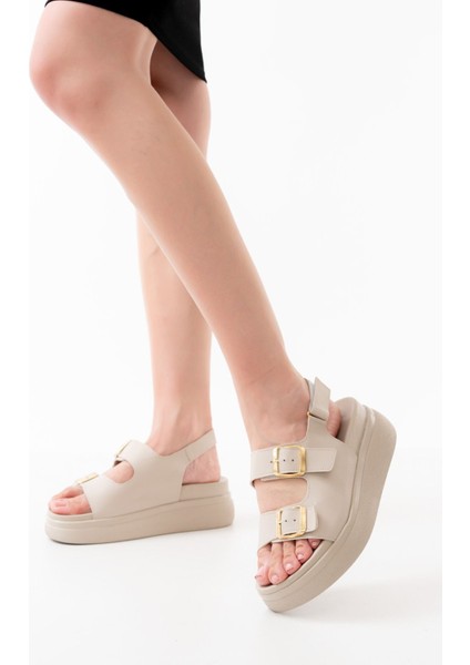 Bayan Sandalet 24422-1185 Bej Dolgu Topuk Kadın Sandalet modelleri