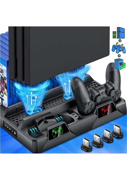 Ps4 Slim Ps4 Pro Çift Fanlı Dikey Soğutucu ve Kol Şarj Edici Ps4 Şarj Standı Oyun Depolama Ps4 Standı