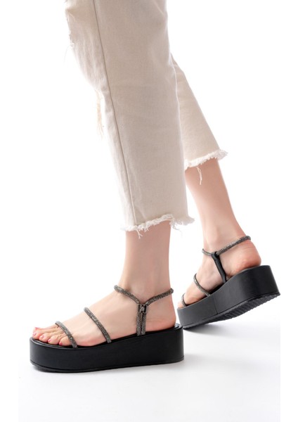 Bayan Sandalet 861-1008 Siyah Platin Taşlı Dolgu Topuklu Kadın Sandalet