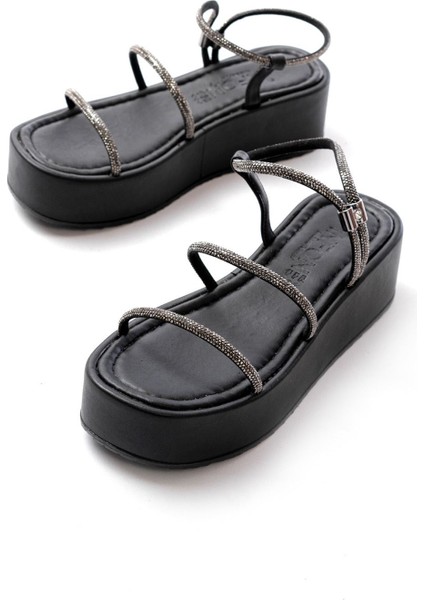 Bayan Sandalet 861-1008 Siyah Platin Taşlı Dolgu Topuklu Kadın Sandalet modelleri