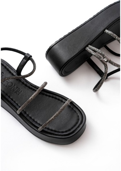 Bayan Sandalet 861-1008 Siyah Platin Taşlı Dolgu Topuklu Kadın Sandalet fırsatları