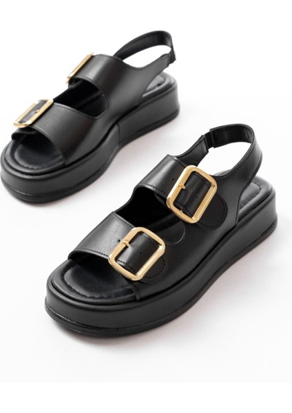 Bayan Sandalet 1187 Siyah Dolgu Topuk Lastik Baretli Kadın Sandalet modelleri