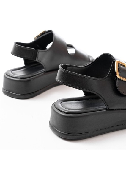 Bayan Sandalet 1187 Siyah Dolgu Topuk Lastik Baretli Kadın Sandalet indirimleri