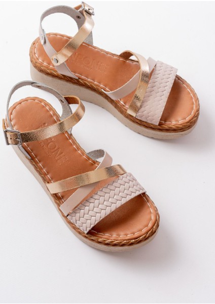 Bayan Sandalet 730-044 Bej Garni Ortopedik Örgü Desenli Hakiki Deri Dolgu Kadın Sandalet fırsatları