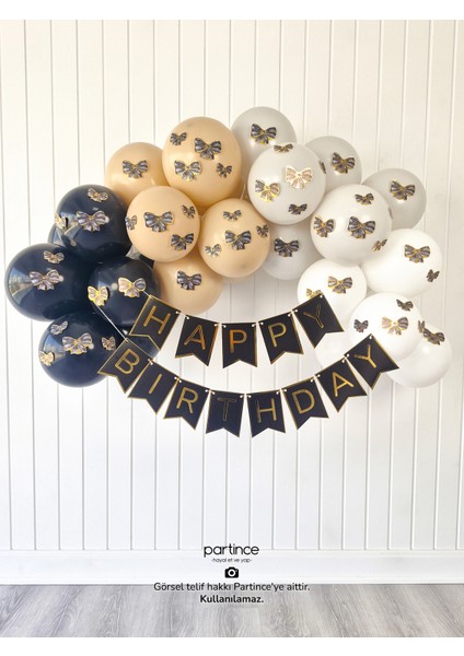 Siyah Happy Birthday Yazısı Yetişkin Tema Mini Parti Seti Doğum Günü Balon Zinciri Siyah Doğum Günü Süsü