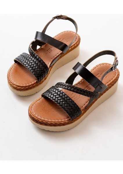 Bayan Sandalet 730-152 Siyah Ortopedik Hakiki Deri Dolgu Kadın Sandalet