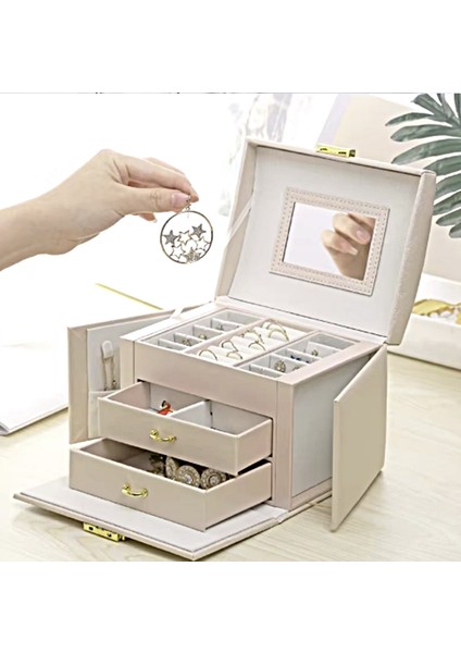 Premium Kilitlenebilir Mücevher Takı Kutusu Yüzük - Altın - Bilezik - Küpe - Kolye - Mücevher Kutusu
