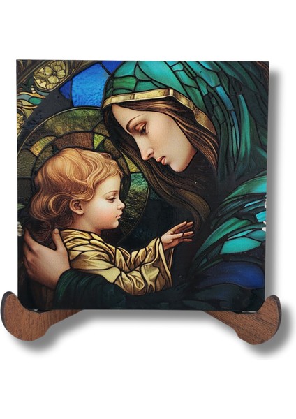 Meryem Ana ve Çocuk Isa Vitray Ahşap Dekor