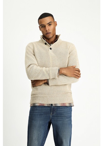 Yarım Balıkçı Yaka Regular Fit Desenli Alpaka Yünlü Triko Kazak