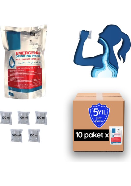 5 Yıl Raf Ömrü ile Acil Durum, afet ve Deprem Suyu, Hayat Kurtaran Acil Durum Su Paketi (1 Koli) (10 Paket x 500 Ml. )